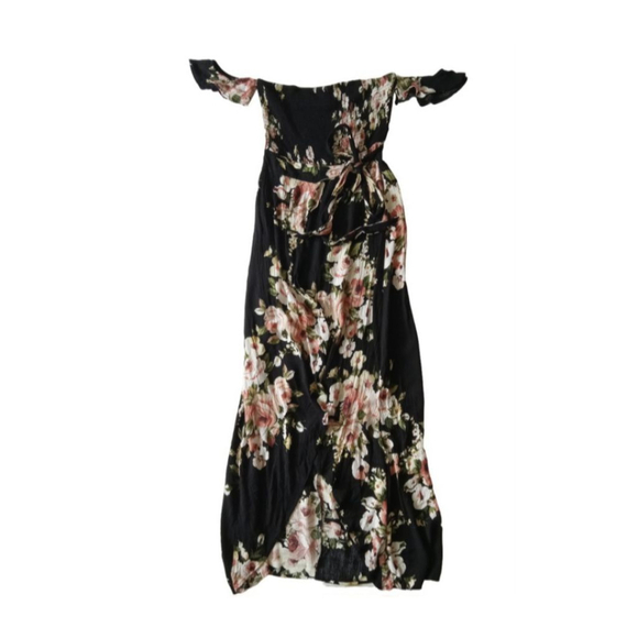 Privy Black With Pink Floral Print Smocked Off the Shoulder Dress Women's Large - Picture 1 of 12